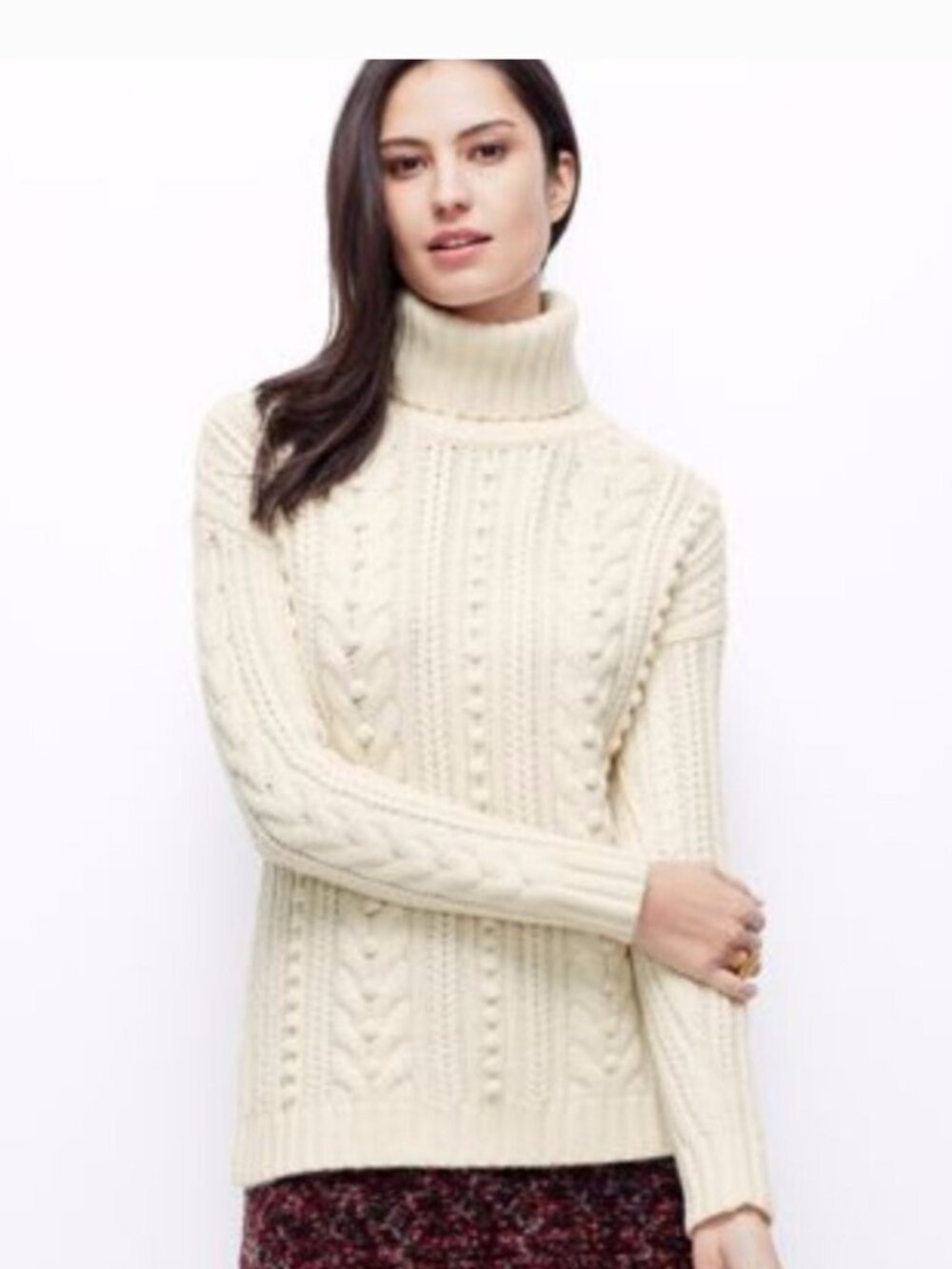 Ann Taylor Size XS Wool-Alpaca Blend Cream Cable Knit Turtleneck Sweater